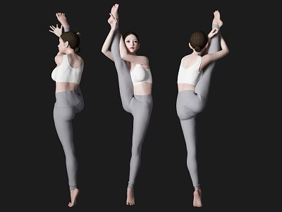 Women Practicing Yoga Poses In White Tops And Gray Leggings Against Black Background 3d model