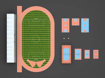 School Building Sports Facilities Layout with Running Track Football Field Stands and Basketball Courts 3d model