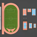 School Building Sports Facilities Layout with Running Track Football Field Stands and Basketball Courts