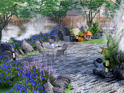 Serene Courtyard Garden With Green Trees Blue Flowers Rocks Table Chairs And Misty Atmosphere 3d model