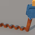 Yellow Construction Excavator Performing Pile Driving Work With Blue Driver Attachment And Wooden Piles