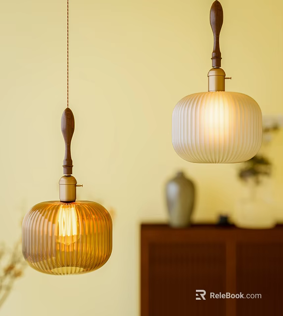 Modern Pendant Lights With Ribbed Glass Shades Warm Glow And Brass Accents In Living Room Interior 3d model 