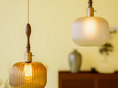 Modern Pendant Lights With Ribbed Glass Shades Warm Glow And Brass Accents In Living Room Interior 3d model
