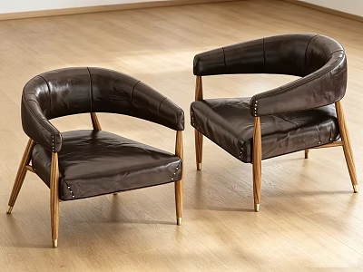 Two Modern Dark Brown Leather Armchairs With Wooden Legs On Wooden Floor 3d model