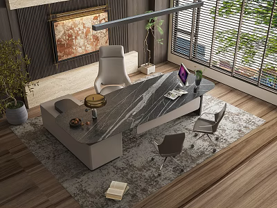 Modern Office Desk With Marble Top Laptop Office Chairs And Indoor Plants Near Window 3d model