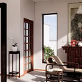Traditional Chinese Style Hotel Guest Room With Large Windows Wooden Furniture And Green Outdoor View