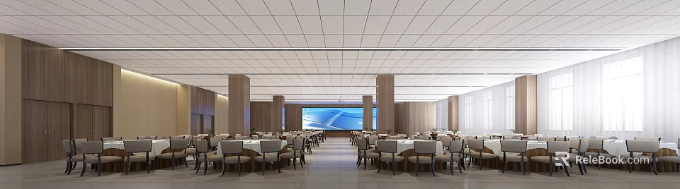 Spacious Modern Restaurant Interior With Wooden Columns Large Screen And Dining Tables 3d model 