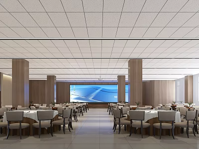 Spacious Modern Restaurant Interior With Wooden Columns Large Screen And Dining Tables 3d model