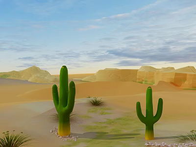 Cartoon Desert Scene With Green Cacti Sand Dunes And Distant Mountains 3d model