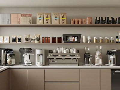 Modern Kitchen Interior With Coffee Machines And Appliances Neatly Arranged On Shelves 3d model