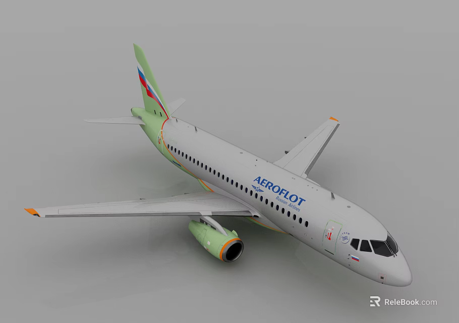 Aeroflot Passenger Airliner With White Fuselage Green Tail Logo Green Engine And Orange Accents 3d model 