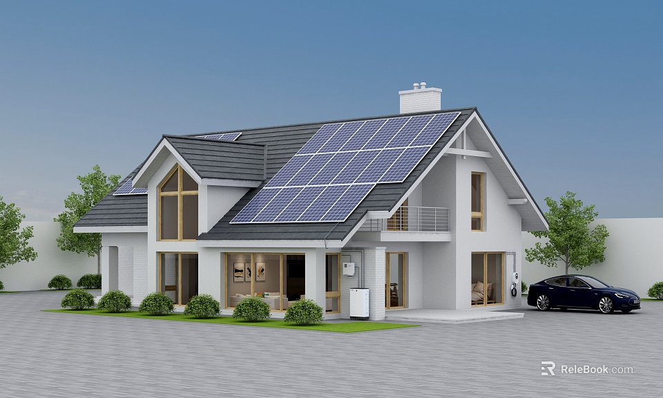 Modern Detached House Featuring Solar Panels White Exterior And Landscaped Front Yard Design 3d model 