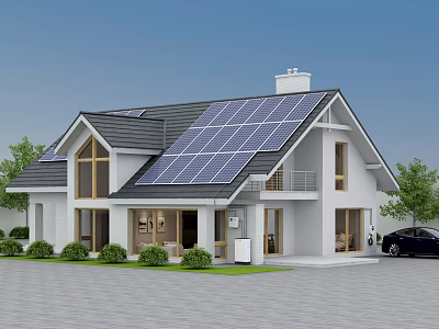 Modern Detached House Featuring Solar Panels White Exterior And Landscaped Front Yard Design 3d model