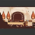Traditional Rustic Indoor Scene With Brick Oven Hanging Meat Cooking Utensils and Food on Table