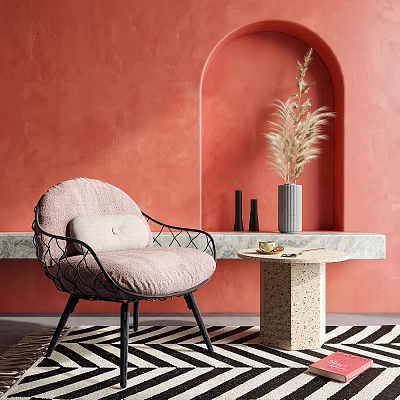 Pink Upholstered Armchair With Black Wire Frame Stone Side Table And Dried Flowers In Red Wall Interior 3d model