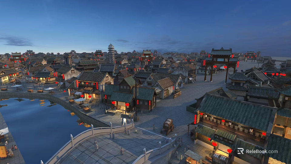 Ancient Chinese Architecture with Traditional Roofs Red Lanterns Water Pond and Stone Pathways 3d model 