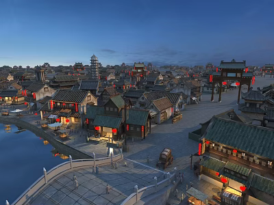 Ancient Chinese Architecture with Traditional Roofs Red Lanterns Water Pond and Stone Pathways 3d model
