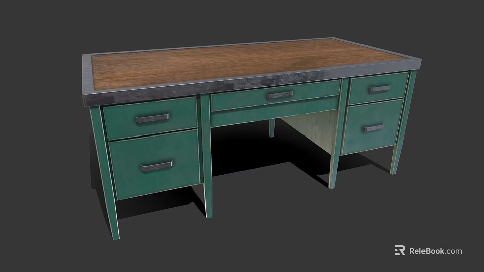 Sturdy Green Drawer Wooden Desk With Brown Top And Metal Handles 3d model 