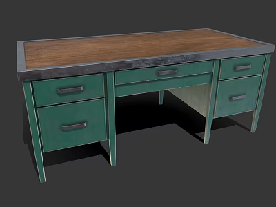 Sturdy Green Drawer Wooden Desk With Brown Top And Metal Handles 3d model