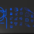 Blue Line Art Astronaut Helmet With Space Icons Rocket Planet And Satellite