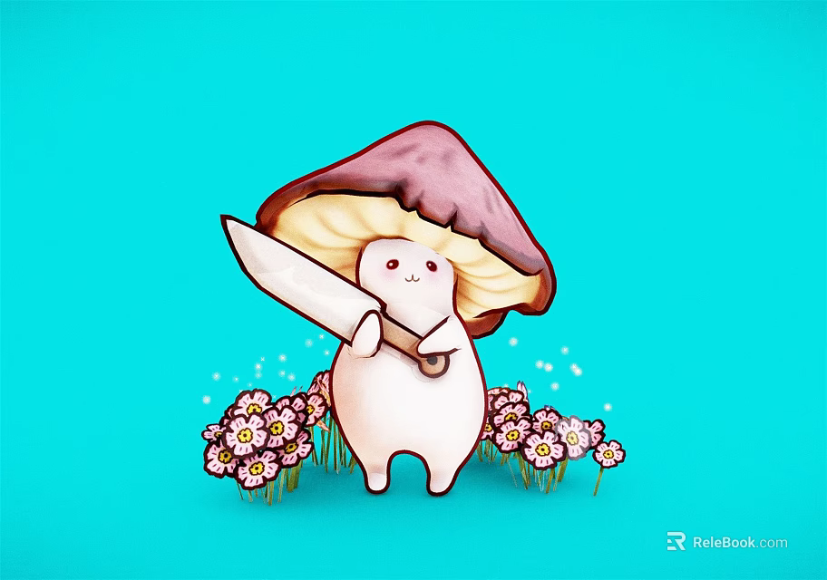 Adorable Reptile Character Holding Sword With Mushroom Hat Among Flowers On Blue Background 3d model 