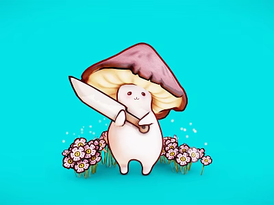 Adorable Reptile Character Holding Sword With Mushroom Hat Among Flowers On Blue Background 3d model