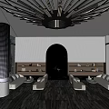 Modern Luxury Sales Office Interior Featuring Arched Doorway Decorative Columns And Marble Flooring