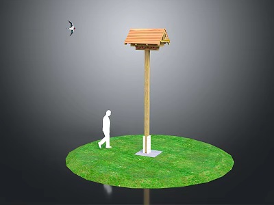 Wooden Birdhouse On Pole With White Base In Green Grass Human Figure And Flying Bird 3d model