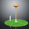 Wooden Birdhouse On Pole With White Base In Green Grass Human Figure And Flying Bird