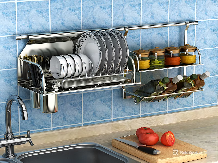 Wall Mounted Stainless Steel Bathroom Cabinet Rack with Toiletries and Dishes on Blue Tile Wall 3d model 