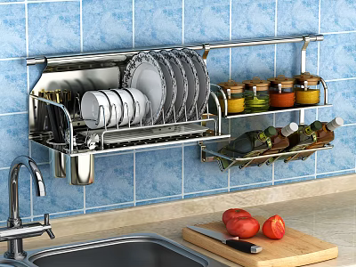 Wall Mounted Stainless Steel Bathroom Cabinet Rack with Toiletries and Dishes on Blue Tile Wall 3d model