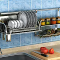 Wall Mounted Stainless Steel Bathroom Cabinet Rack with Toiletries and Dishes on Blue Tile Wall