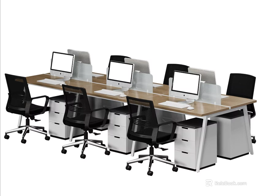 Modern Office Desk And Chair Set With Computer Monitors And Drawer Cabinets 3d model 