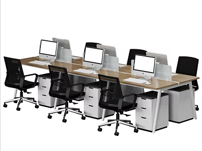 Modern Office Desk And Chair Set With Computer Monitors And Drawer Cabinets 3d model