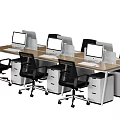 Modern Office Desk And Chair Set With Computer Monitors And Drawer Cabinets