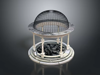 Ornate Pavilion With Circular Base Black Lattice Dome White Columns And Checkered Floor 3d model