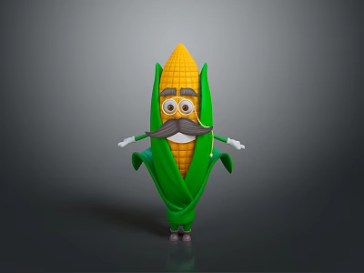 Cartoon Anthropomorphic Corn Character With Eyes Mustache Arms Legs Standing On Gray Background 3d model