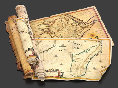 Antique Book With Vintage World Maps Scrolls And Historical Charts 3d model