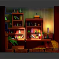 Cartoon Scene of Wooden Room with Wooden Desk Shelves Bottles Plant and Warm Lighting Stairs