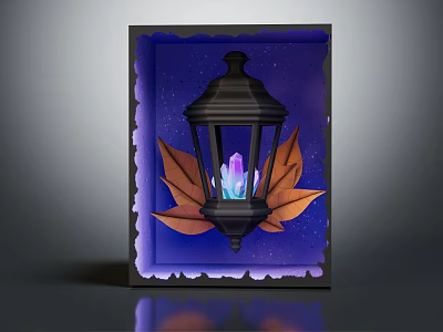 Elegant Decorative Ornament Set With Black Lantern Glowing Crystal Brown Leaves And Starry Background 3d model