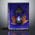 Elegant Decorative Ornament Set With Black Lantern Glowing Crystal Brown Leaves And Starry Background