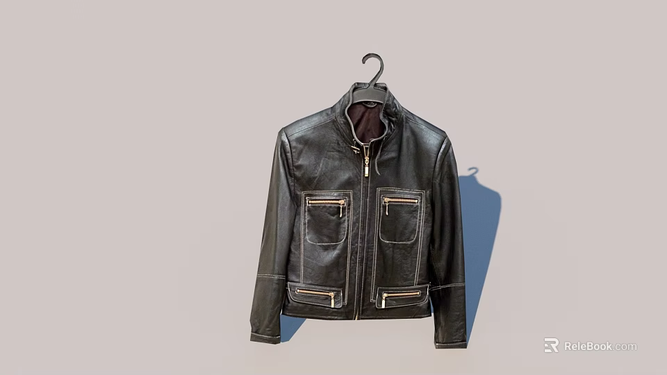 Stylish Black Leather Jacket With Front Zipper Pockets And Short Design For Casual Wear 3d model 