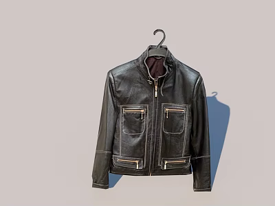 Stylish Black Leather Jacket With Front Zipper Pockets And Short Design For Casual Wear 3d model