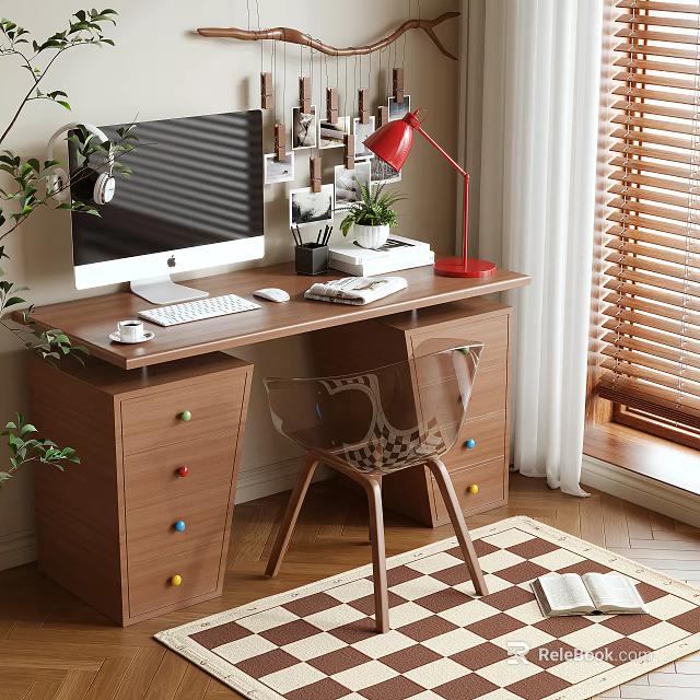 Modern Home Office Desk With Computer Monitor Red Lamp Potted Plant And Transparent Chair 3d model 