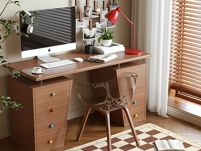 Modern Home Office Desk With Computer Monitor Red Lamp Potted Plant And Transparent Chair 3d model