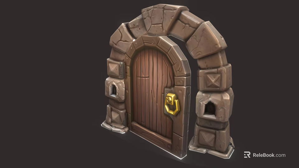 Medieval Style Stone Arch Wooden Door With Golden Knocker And Decorative Stone Pillars 3d model 