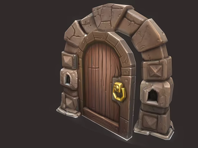 Medieval Style Stone Arch Wooden Door With Golden Knocker And Decorative Stone Pillars 3d model