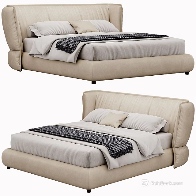 Modern Beige Upholstered Double Bed With White Sheets Pillows And Dark Blanket 3d model 