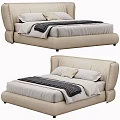 Modern Beige Upholstered Double Bed With White Sheets Pillows And Dark Blanket 3d model