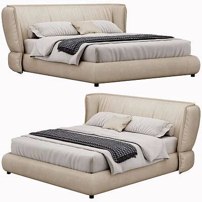 Modern Beige Upholstered Double Bed With White Sheets Pillows And Dark Blanket 3d model